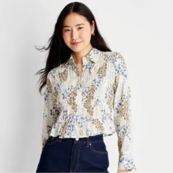 Future Collective Floral Crop Top Peasant Button Up Long Sleeve Women's Size L - Picture 1 of 16